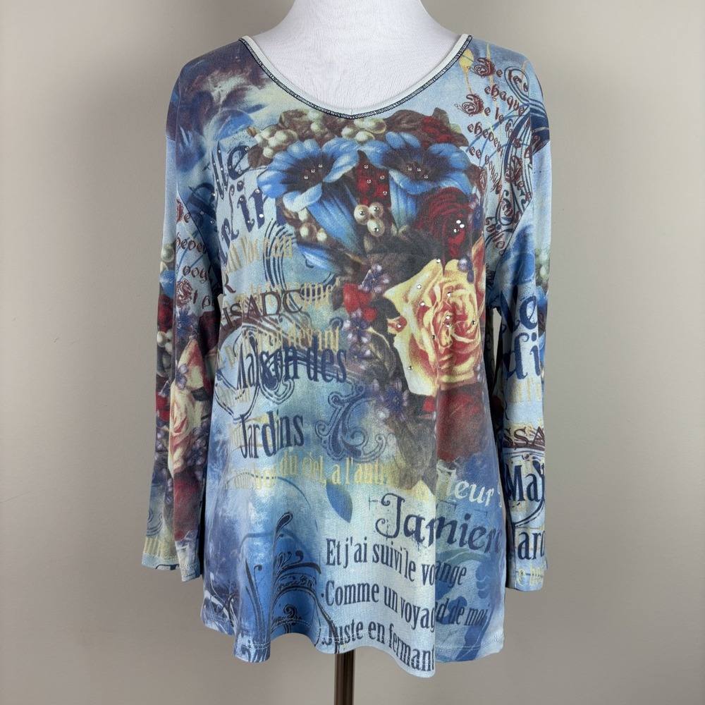 Jess & Jane Top Large Blue Floral‎ Garden Rhinestone 3/4 Sleeve Belle Jardin L